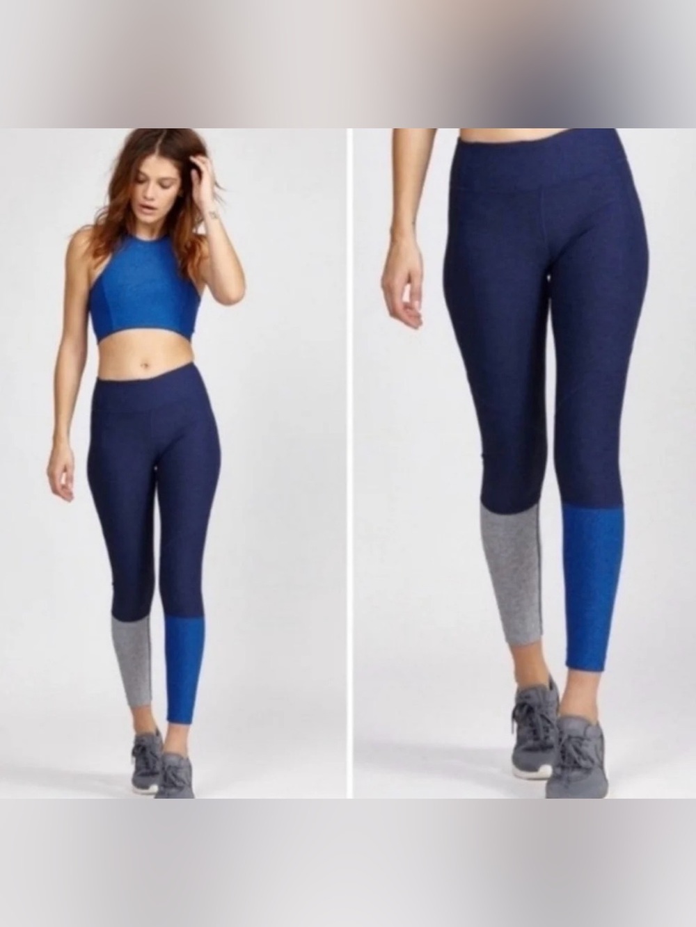 Outdoor Voices Colorblock Leggings in Navy, Royal Blue & Heather Gray